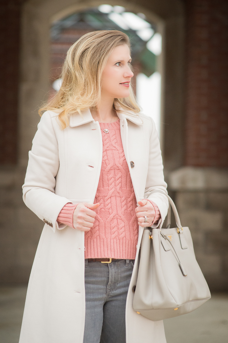 Petite Fashion Blog | Ann Taylor Aran Crewneck Sweater | Express Gray Mid Rise Performance Stretch Jean Legging | J crew Double-Cloth Lady Day Coat with Thinsulate | Click to Read More... 