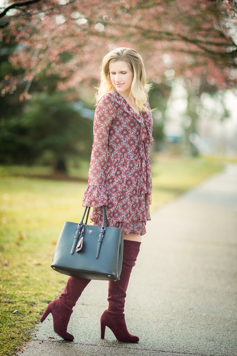 Petite Fashion and Style Blog | Cinq-a-Sept Jasmine Ruffled Silk Dress | Stuart Weitzman Highland Boots | Click to Read More...
