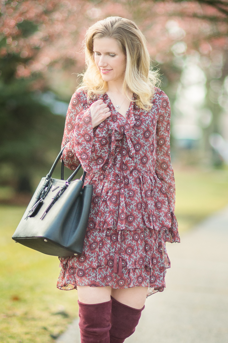 Petite Fashion and Style Blog | Cinq-a-Sept Jasmine Ruffled Silk Dress | Stuart Weitzman Highland Boots | Click to Read More...