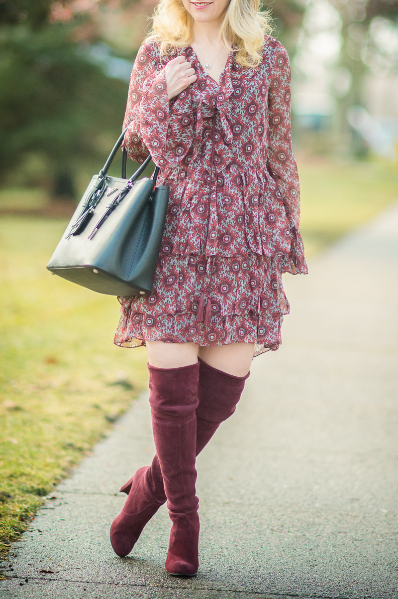 Petite Fashion and Style Blog | Cinq-a-Sept Jasmine Ruffled Silk Dress | Stuart Weitzman Highland Boots | Click to Read More...