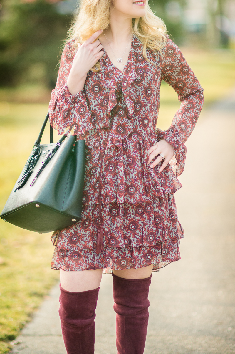 Petite Fashion and Style Blog | Cinq-a-Sept Jasmine Ruffled Silk Dress | Stuart Weitzman Highland Boots | Click to Read More...
