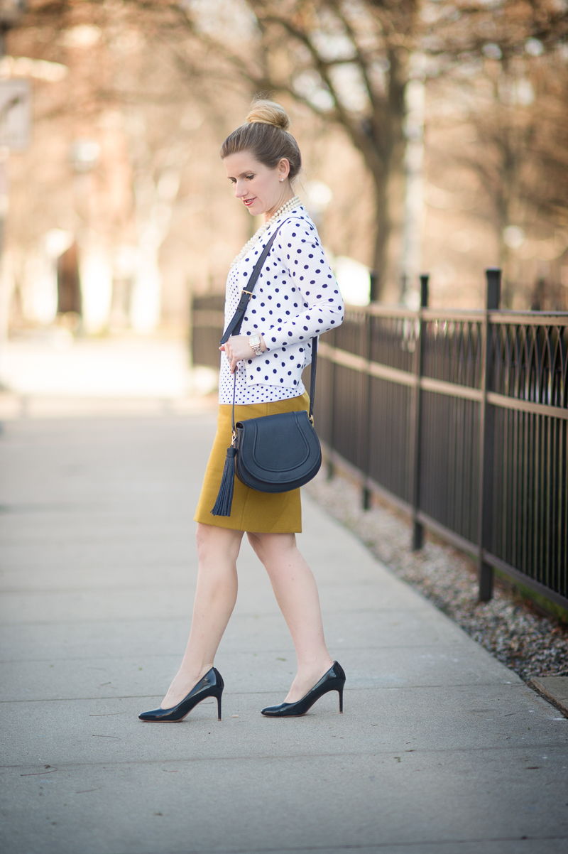 Petite Fashion and Style Blog | J. Crew Cotton Jackie Cardigan Sweater in Dot | Gigi New York Jenni Saddle Bag in Navy | Click to Read More...