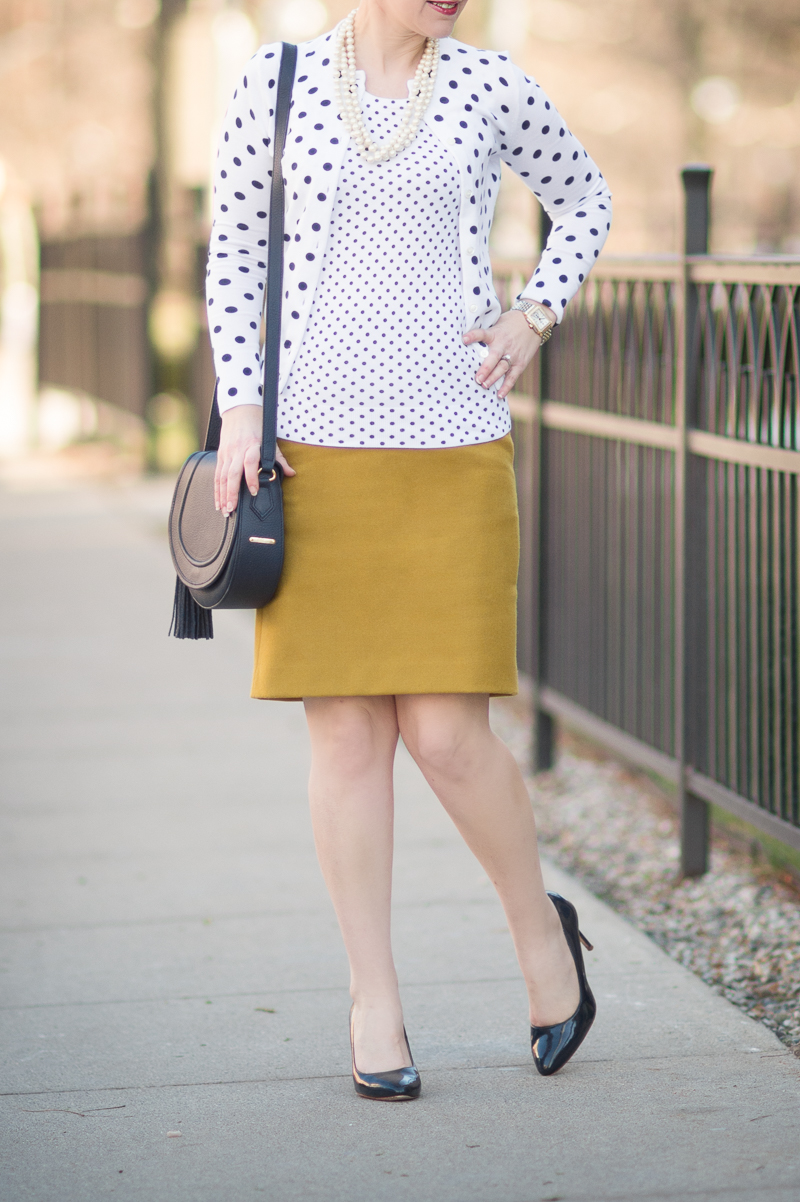 Petite Fashion and Style Blog | J. Crew Cotton Jackie Cardigan Sweater in Dot | Gigi New York Jenni Saddle Bag in Navy | Click to Read More...