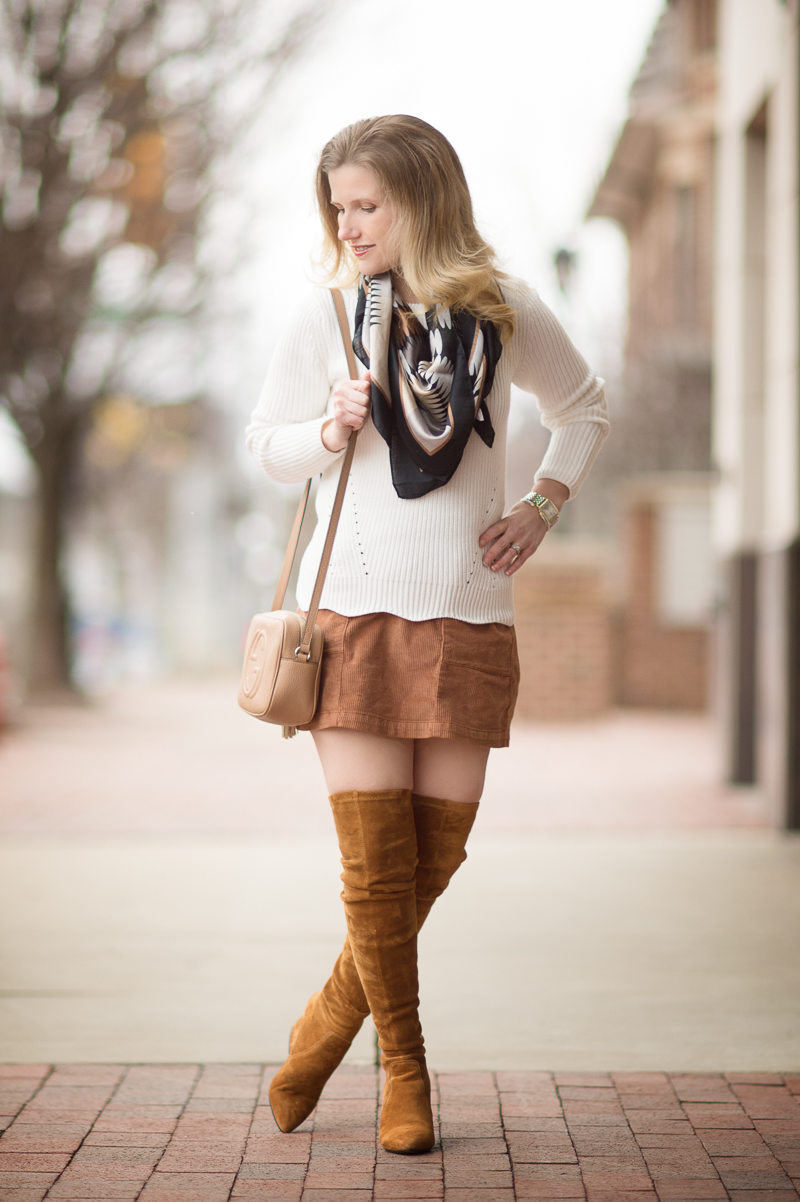 Petite Fashion and Style Blog | Banana Republic Scallop Hem Pullover | Goodnight Macaroon 'Marlo' Tan Over the Knee Boots | Click to Read More...