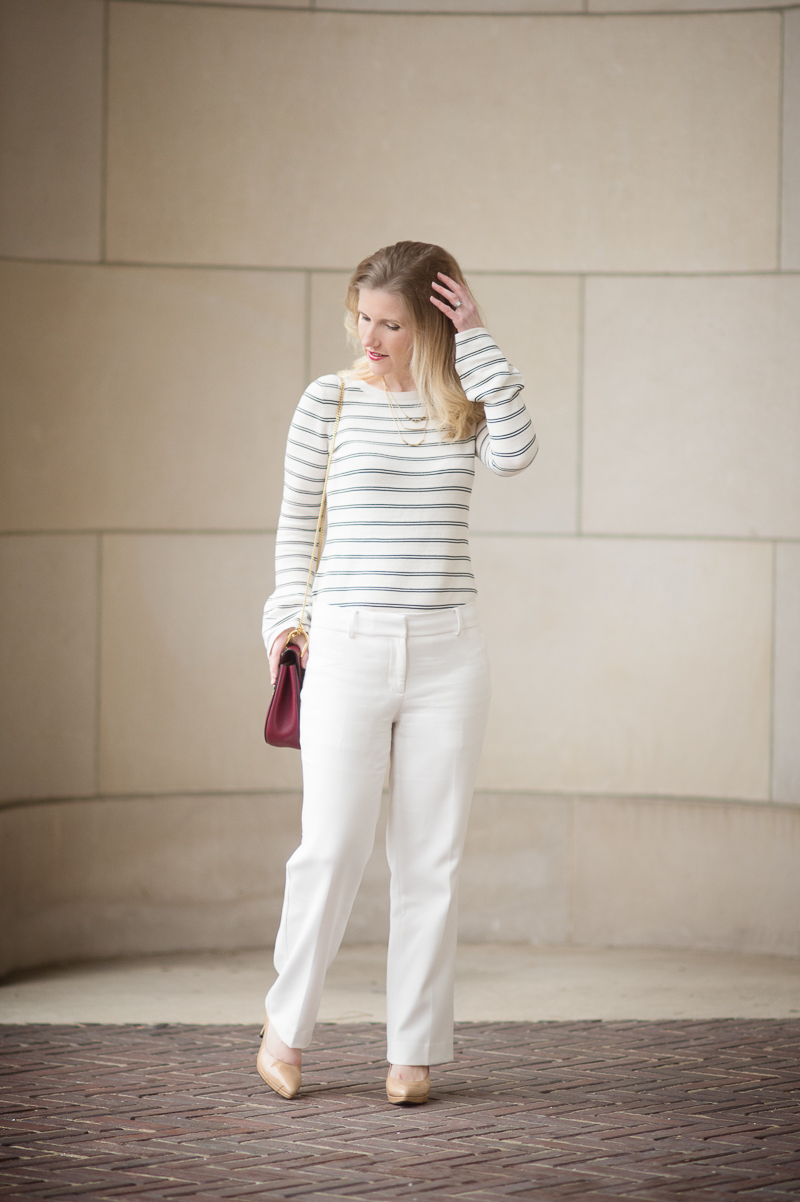 Petite Fashion and Style Blog | Ann Taylor Striped Bell Sleeve Sweater | Ann Taylor Kick Crop Pants | Chloe Drew Red | Click to Read More...