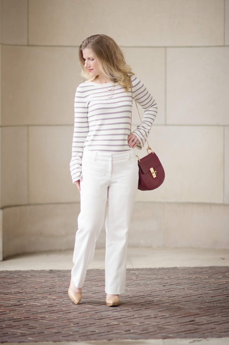 Petite Fashion and Style Blog | Ann Taylor Striped Bell Sleeve Sweater | Ann Taylor Kick Crop Pants | Chloe Drew Red | Click to Read More...