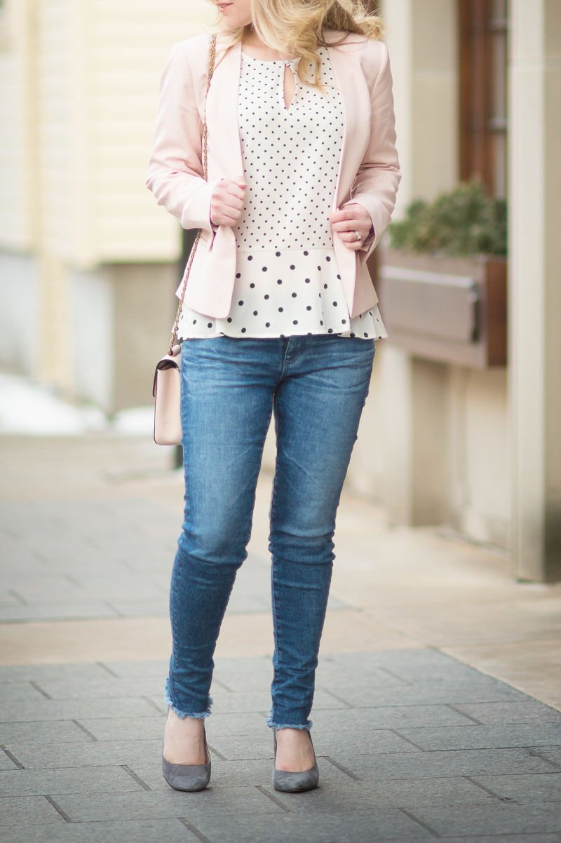 Petite Fashion and Style Blog | Halogen Open Front Jacket | Maison Jules Polka Dot Peplum Top | Click to Read More:...
