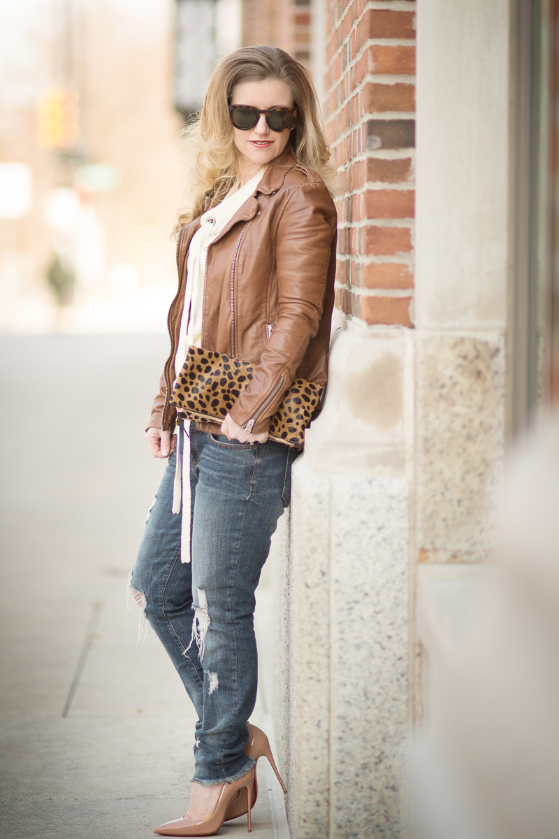 Petite Fashion and Style Blog | J.O.A. Lace Up Sweater | LAMARQUE-Terri Lambskin Leather Moto Jacket | Click to Read More...