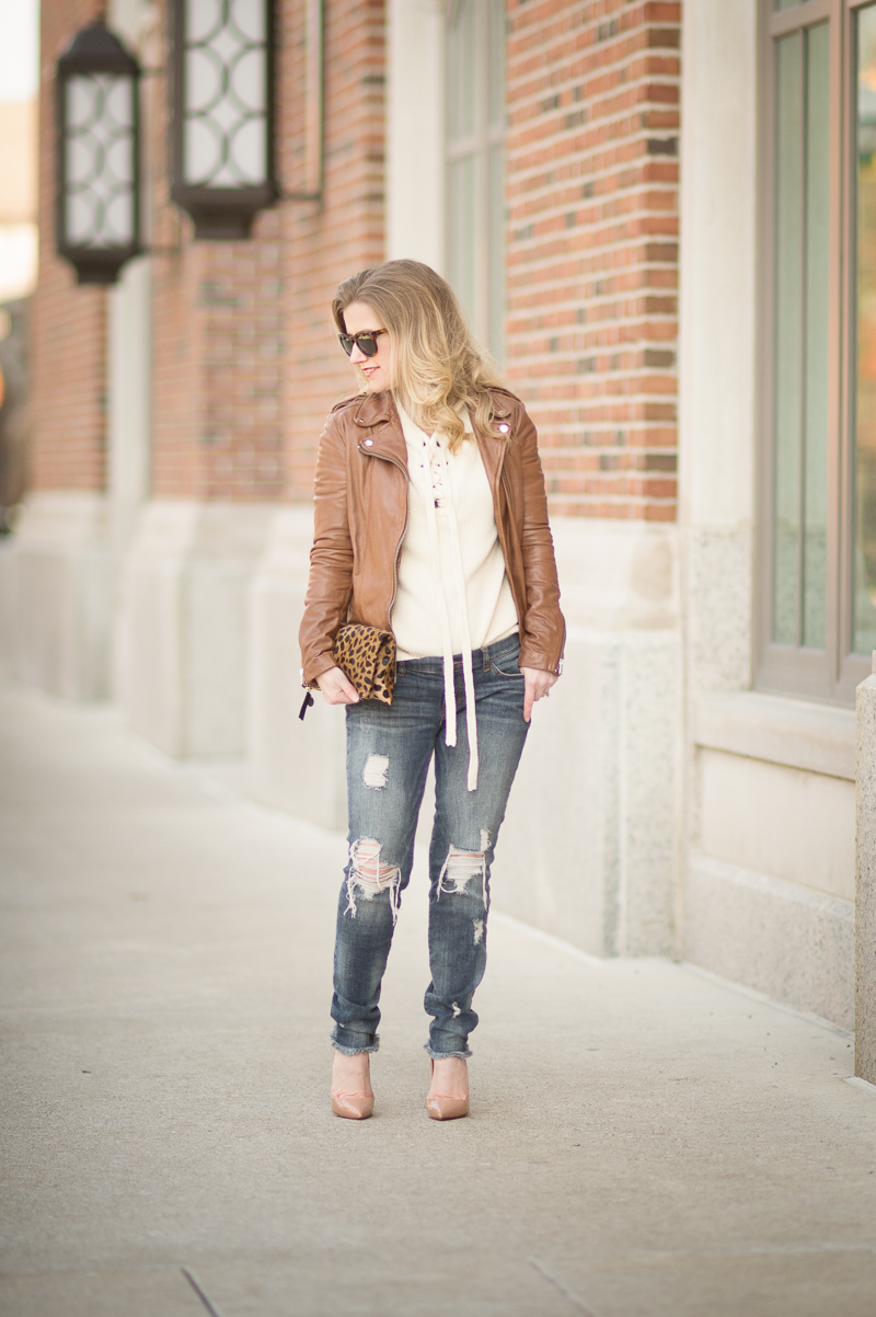 Petite Fashion and Style Blog | J.O.A. Lace Up Sweater | LAMARQUE-Terri Lambskin Leather Moto Jacket | Click to Read More...