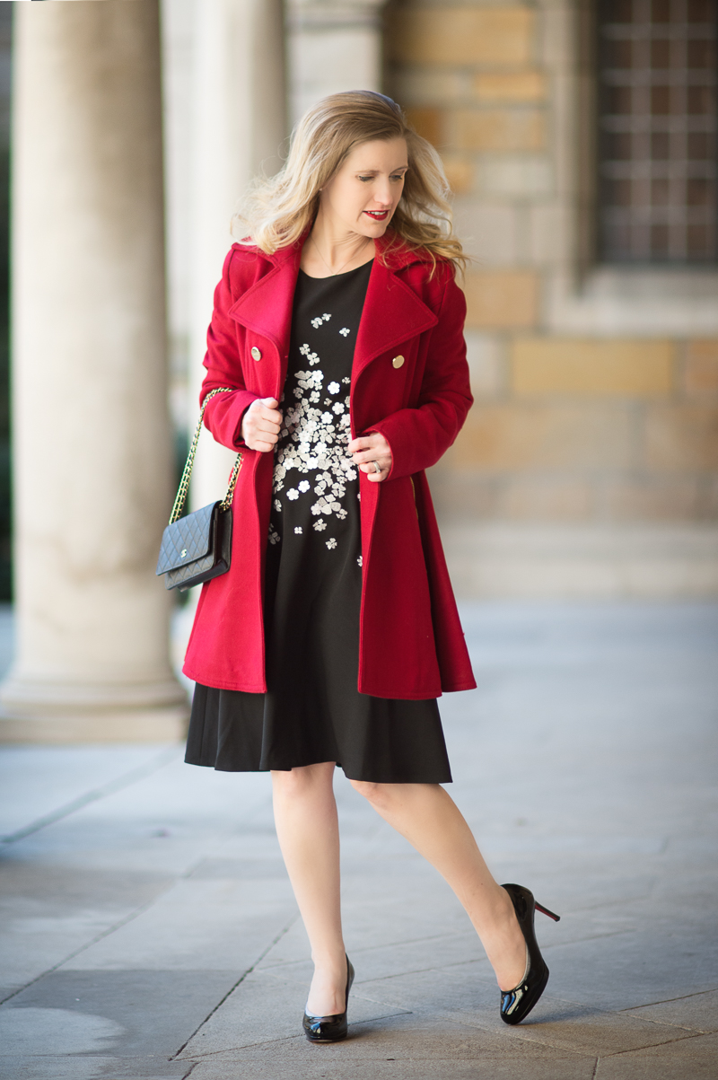 Petite Fashion and Style Blog | Maggy London Gracie Dress | Laundry by Shelli Segal-Double-Breasted Skirted Swing Coat | Click to Read More...