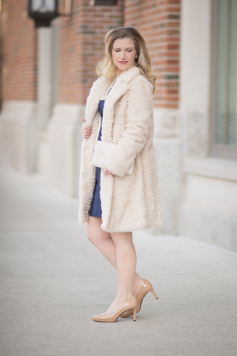 Petite Fashion and Style Blog | Maison Jules Scalloped Sheath Dress | Elisa J. Faux Persian Lamb Coat | Click to Read More...