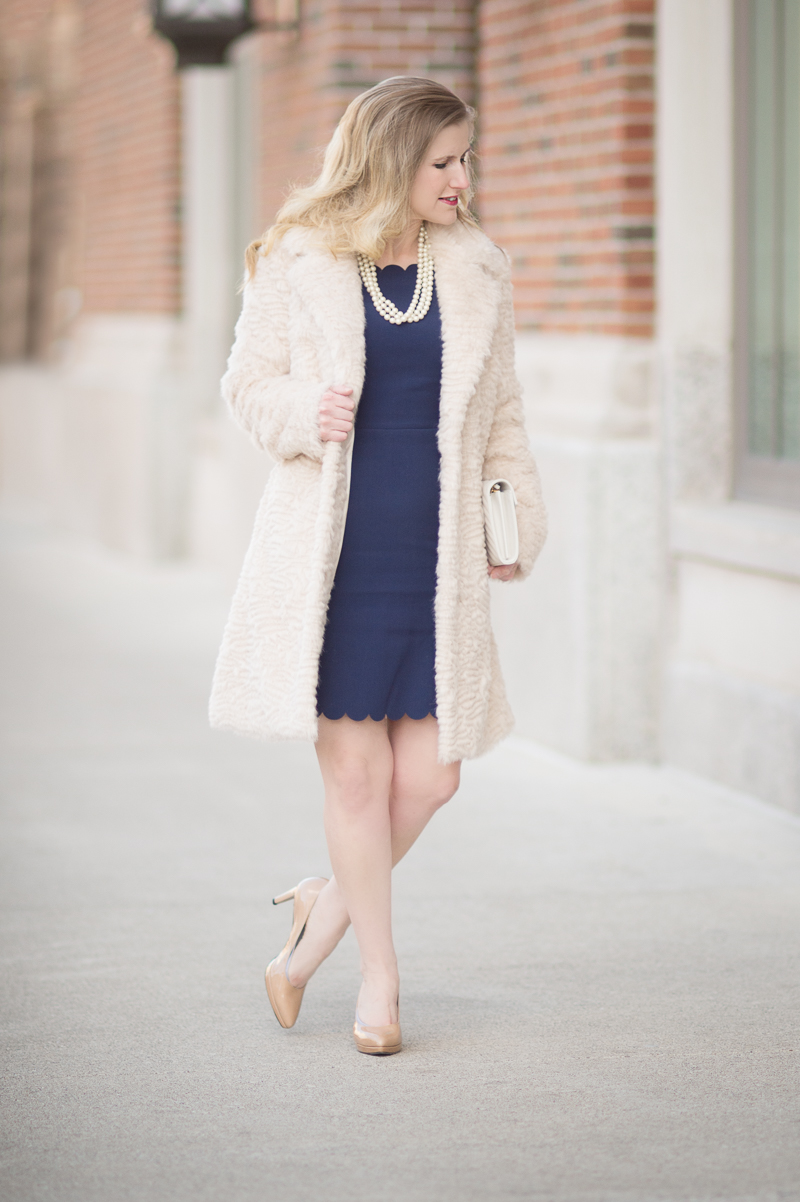 Petite Fashion and Style Blog | Maison Jules Scalloped Sheath Dress | Elisa J. Faux Persian Lamb Coat | Click to Read More...