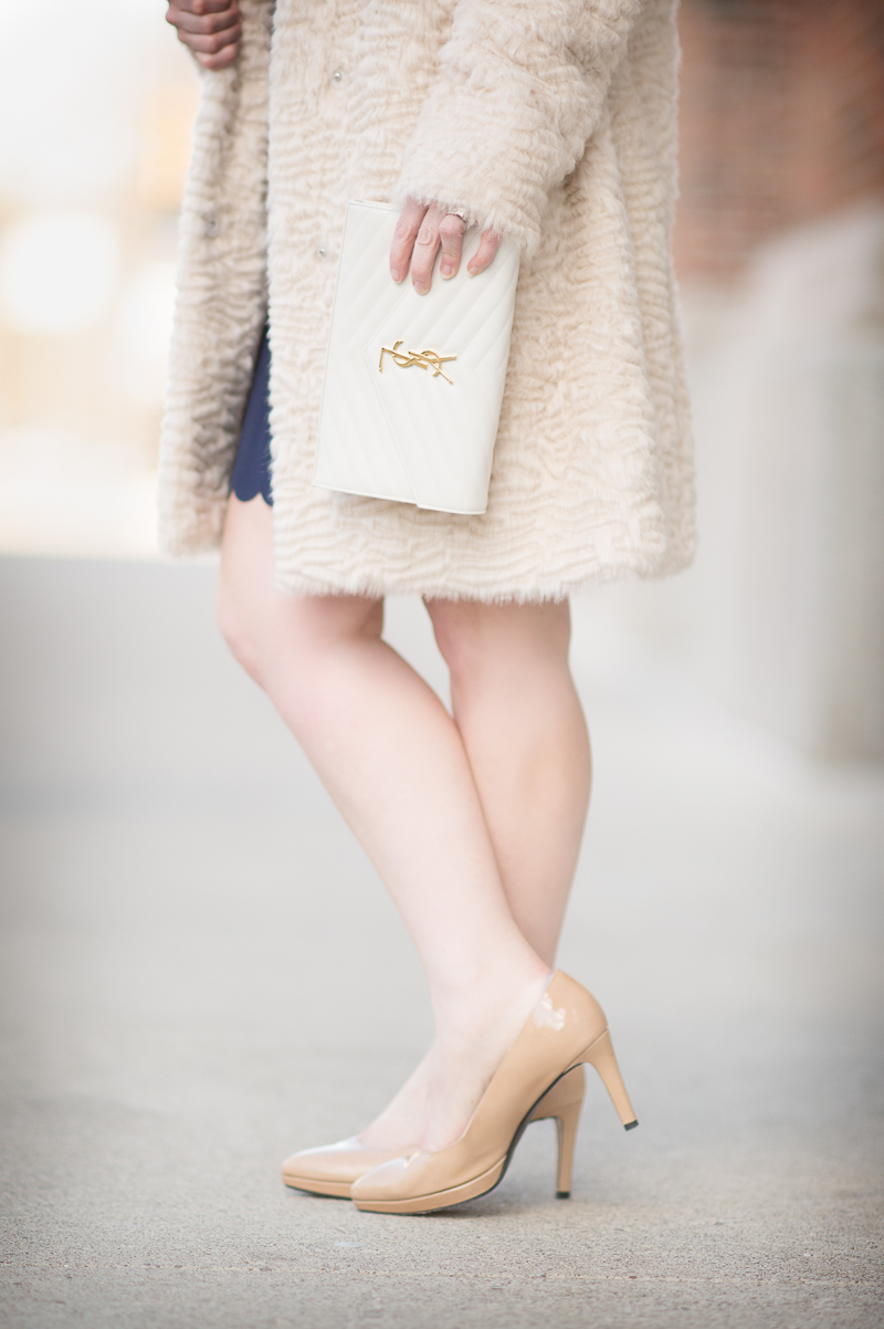 Petite Fashion and Style Blog | Maison Jules Scalloped Sheath Dress | Elisa J. Faux Persian Lamb Coat | Click to Read More...