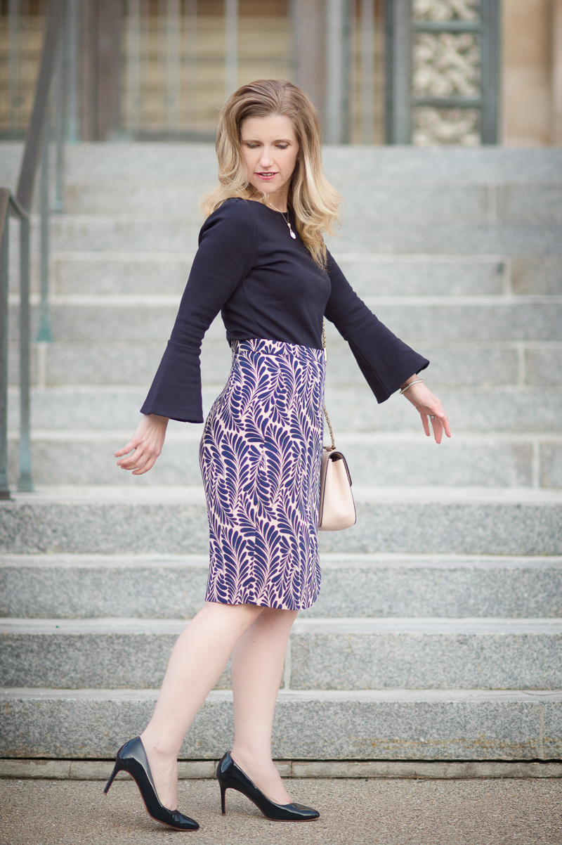 Petite Fashion and Style Blog | Ann Taylor Leaf Petal Pencil Skirt | Ann Taylor Bell Sleeve Sweater | Click to Read More...