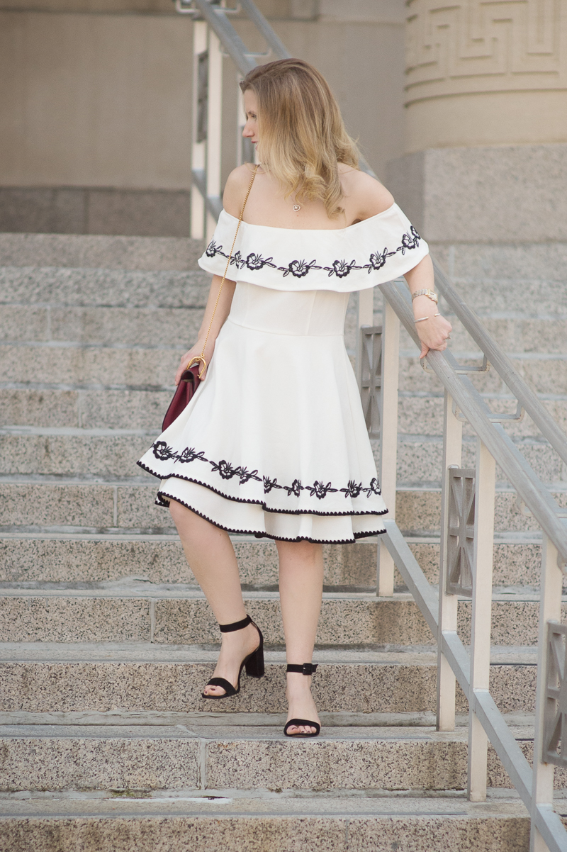 Petite Fashion and Style Blog | Francesca's Leda Embroidered Off Shoulder Dress | Ann Taylor Suede Block Heel Sandals | Click to Read More...-
