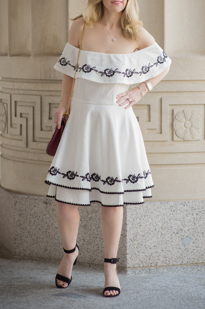 Petite Fashion and Style Blog | Francesca's Leda Embroidered Off Shoulder Dress | Ann Taylor Suede Block Heel Sandals | Click to Read More...-
