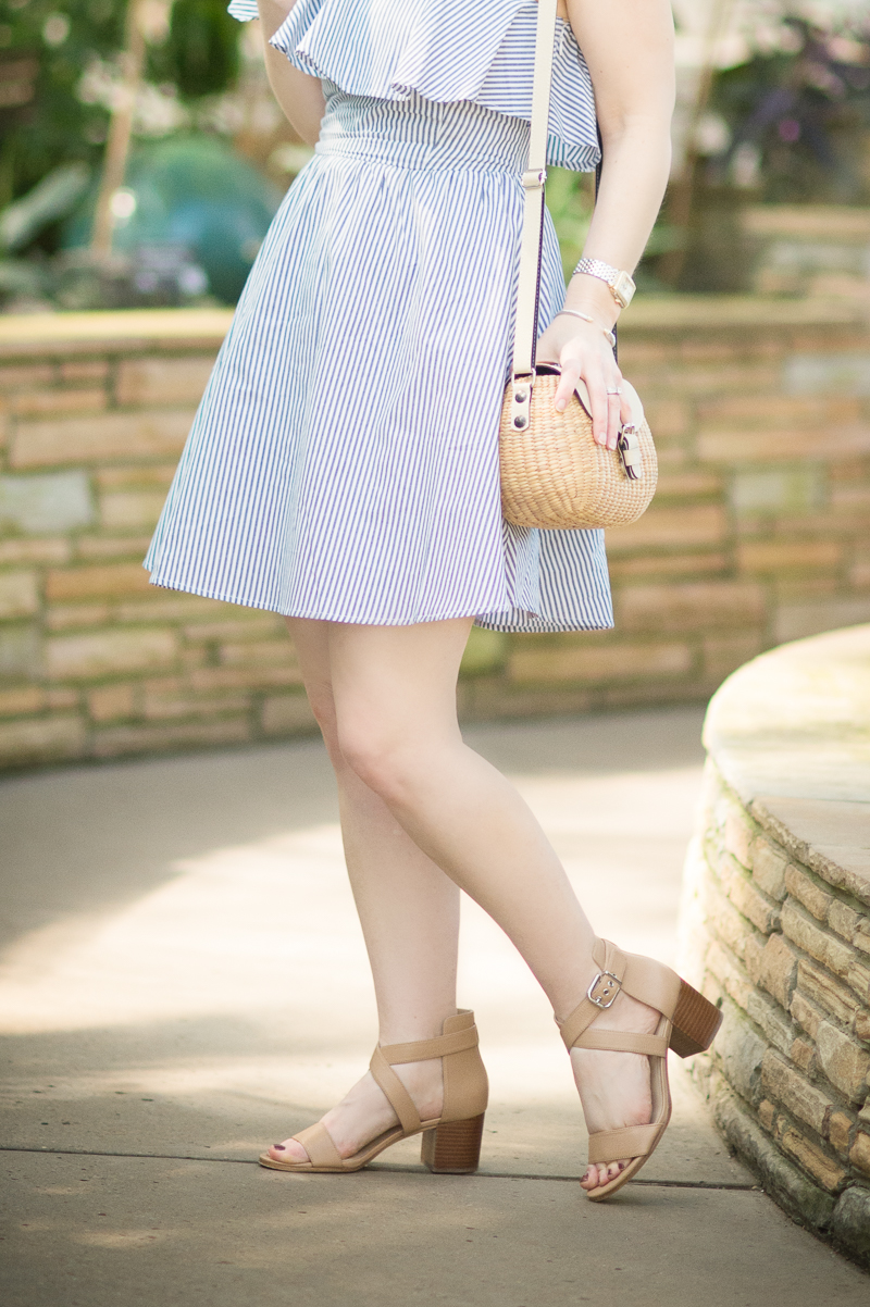 Petite Fashion and Style Blog | J.O.A. One Shoulder Stripe Mini Dress | Sea and Grass Ava Crossbody | Click to Read More...