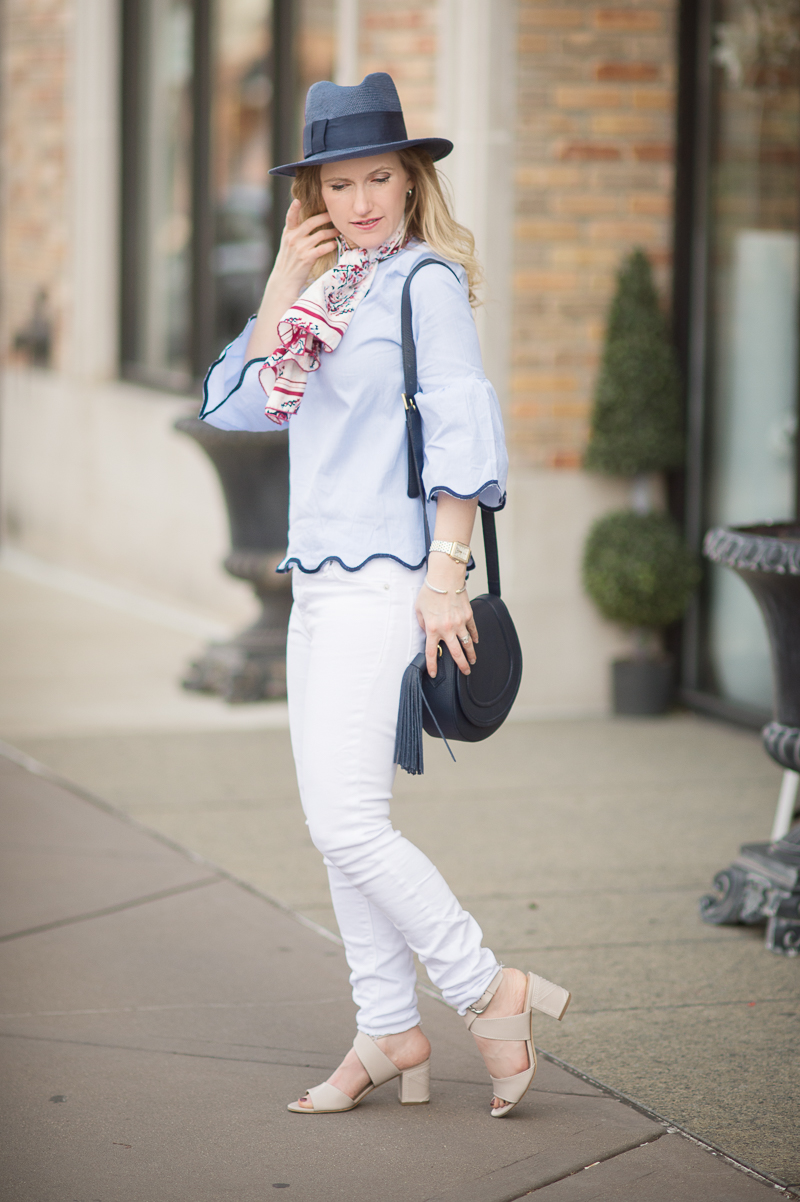 Petite Fashion and Style Blog | Shein Blue Contrast Binding Bell Cuff Wave Trim Blouse | Banana Republic Navy Straw Hat | Gigi New York Jenni Saddle Bag | Click to Read More...