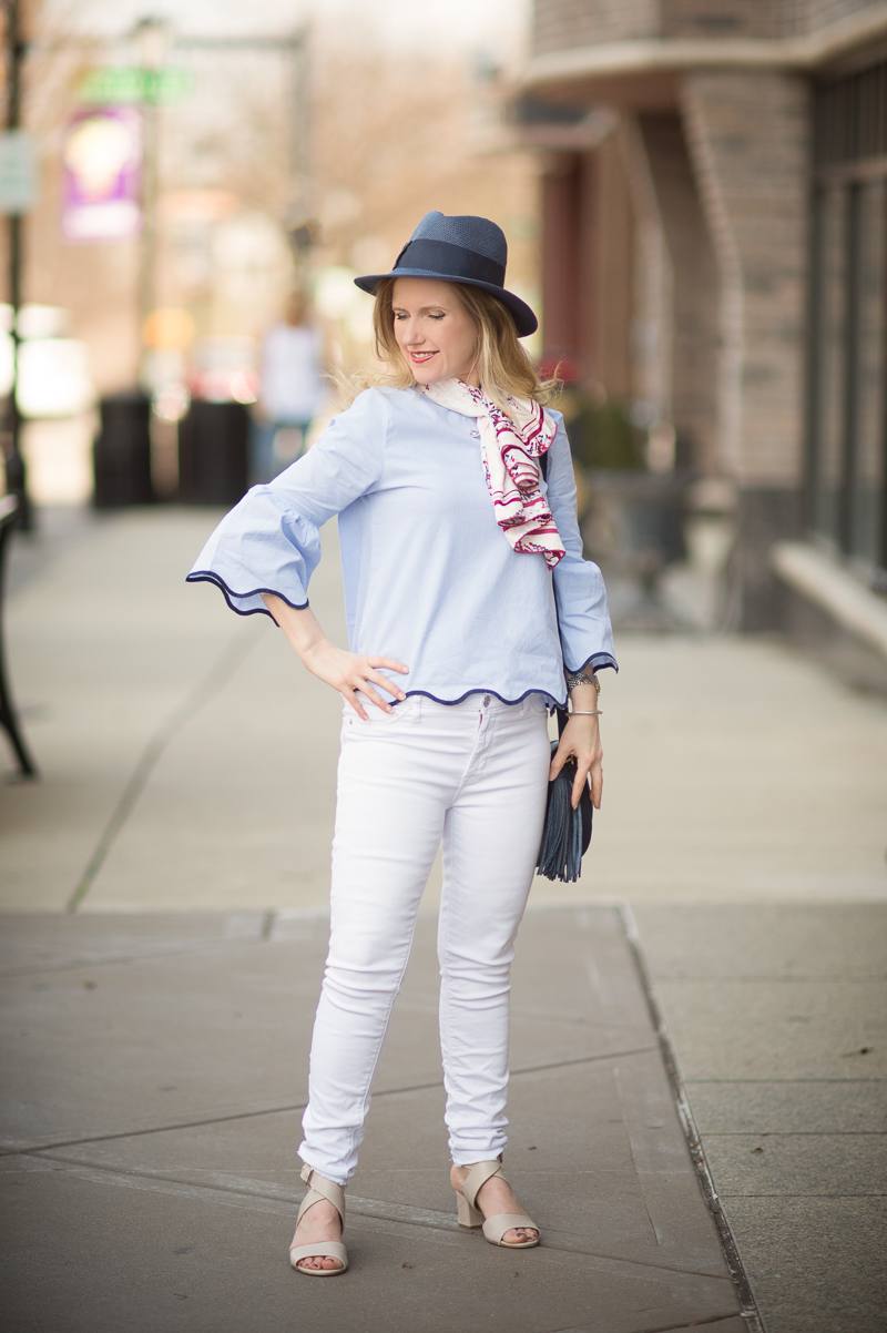 Petite Fashion and Style Blog | Shein Blue Contrast Binding Bell Cuff Wave Trim Blouse | Banana Republic Navy Straw Hat | Gigi New York Jenni Saddle Bag | Click to Read More...