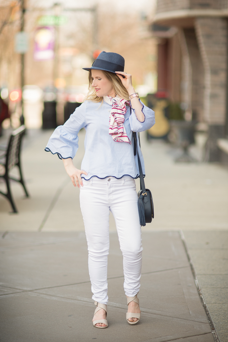 Petite Fashion and Style Blog | Shein Blue Contrast Binding Bell Cuff Wave Trim Blouse | Banana Republic Navy Straw Hat | Gigi New York Jenni Saddle Bag | Click to Read More...