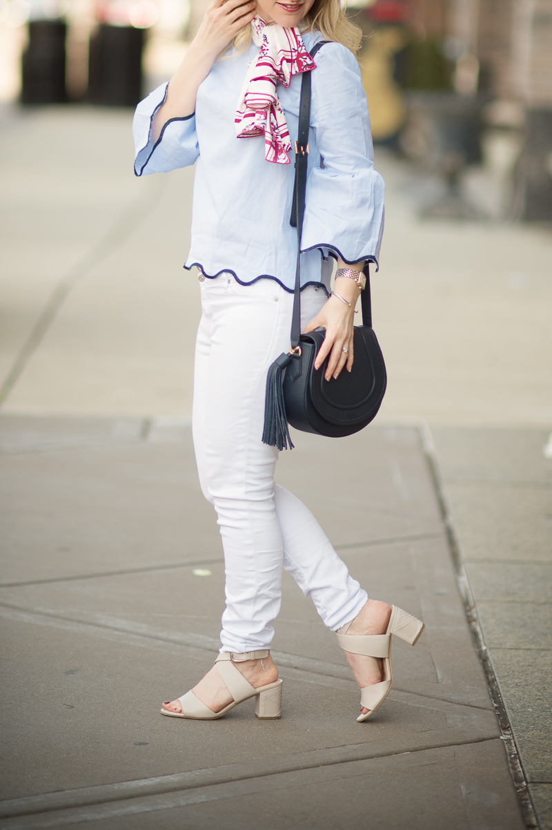 Petite Fashion and Style Blog | Shein Blue Contrast Binding Bell Cuff Wave Trim Blouse | Banana Republic Navy Straw Hat | Gigi New York Jenni Saddle Bag | Click to Read More...