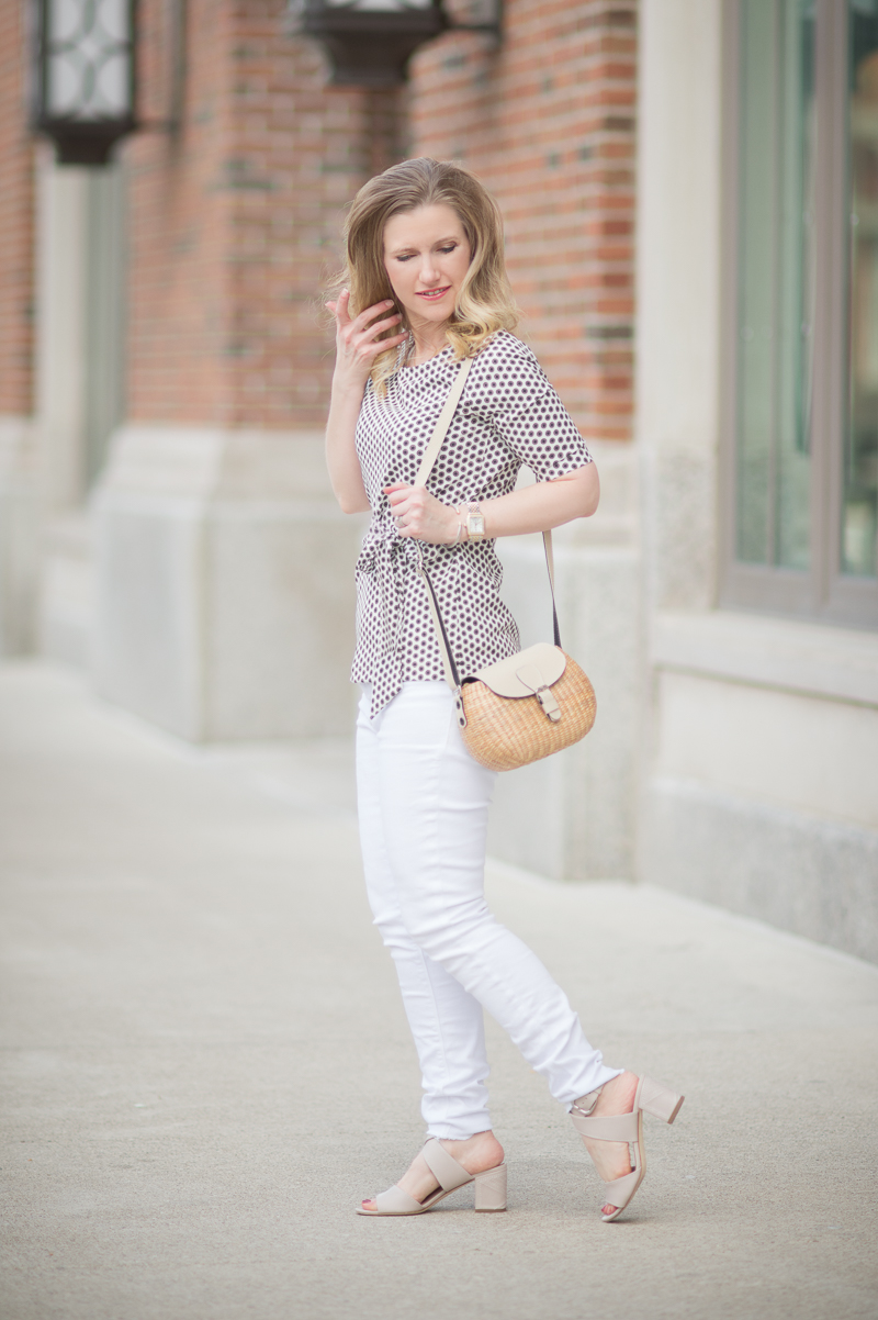 Petite Fashion and Style Blog | Ann Taylor Dot Bow Front Top | Hudson Mid Rise Ankle Skinny Jeans | Sea and Grass Ava Crossbody Tote | Click to Read More...