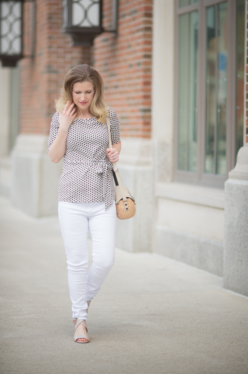 Petite Fashion and Style Blog | Ann Taylor Dot Bow Front Top | Hudson Mid Rise Ankle Skinny Jeans | Sea and Grass Ava Crossbody Tote | Click to Read More...