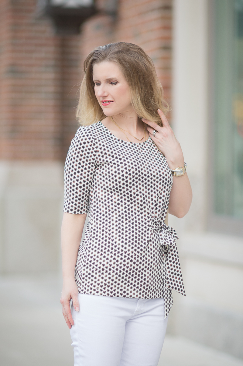 Petite Fashion and Style Blog | Ann Taylor Dot Bow Front Top | Hudson Mid Rise Ankle Skinny Jeans | Sea and Grass Ava Crossbody Tote | Click to Read More...