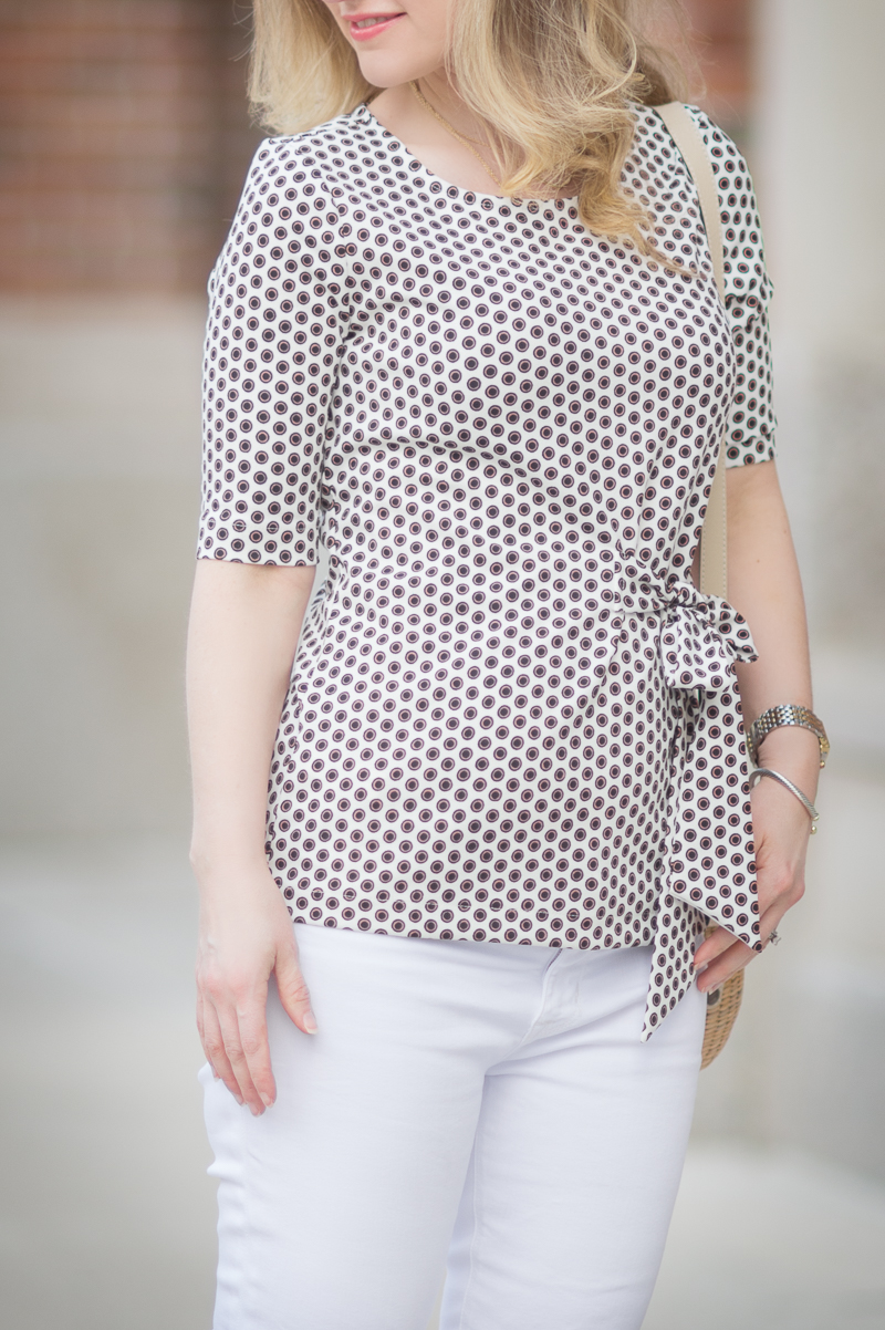 Petite Fashion and Style Blog | Ann Taylor Dot Bow Front Top | Hudson Mid Rise Ankle Skinny Jeans | Sea and Grass Ava Crossbody Tote | Click to Read More...