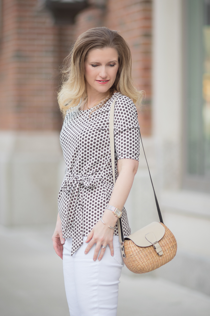 Petite Fashion and Style Blog | Ann Taylor Dot Bow Front Top | Hudson Mid Rise Ankle Skinny Jeans | Sea and Grass Ava Crossbody Tote | Click to Read More...