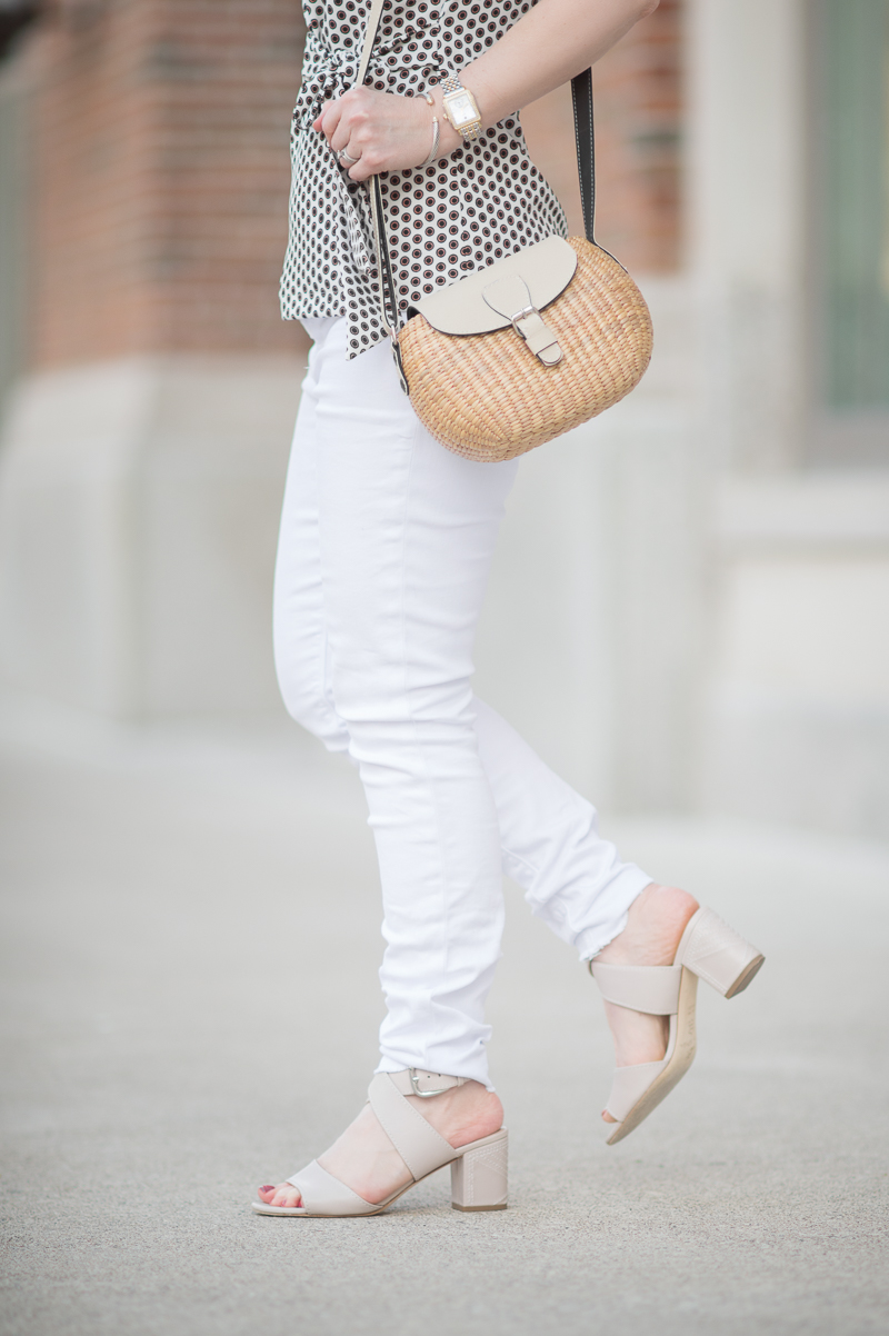 Petite Fashion and Style Blog | Ann Taylor Dot Bow Front Top | Hudson Mid Rise Ankle Skinny Jeans | Sea and Grass Ava Crossbody Tote | Click to Read More...