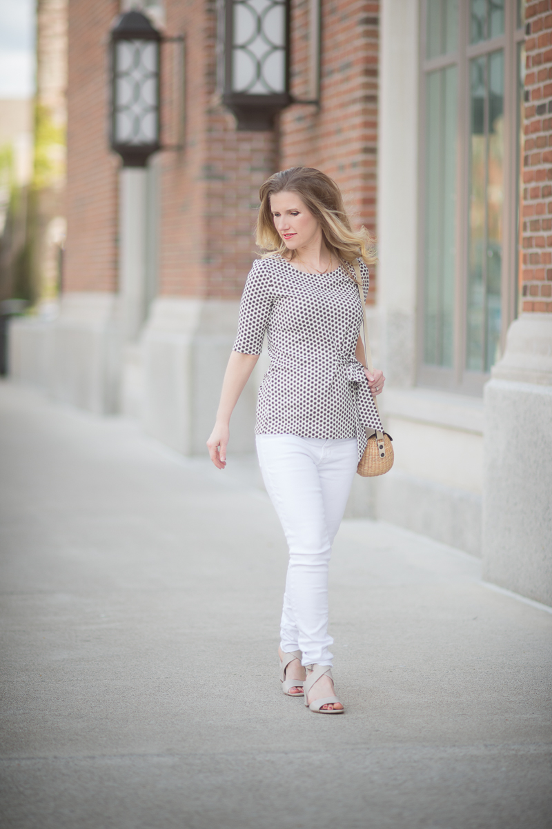 Petite Fashion and Style Blog | Ann Taylor Dot Bow Front Top | Hudson Mid Rise Ankle Skinny Jeans | Sea and Grass Ava Crossbody Tote | Click to Read More...