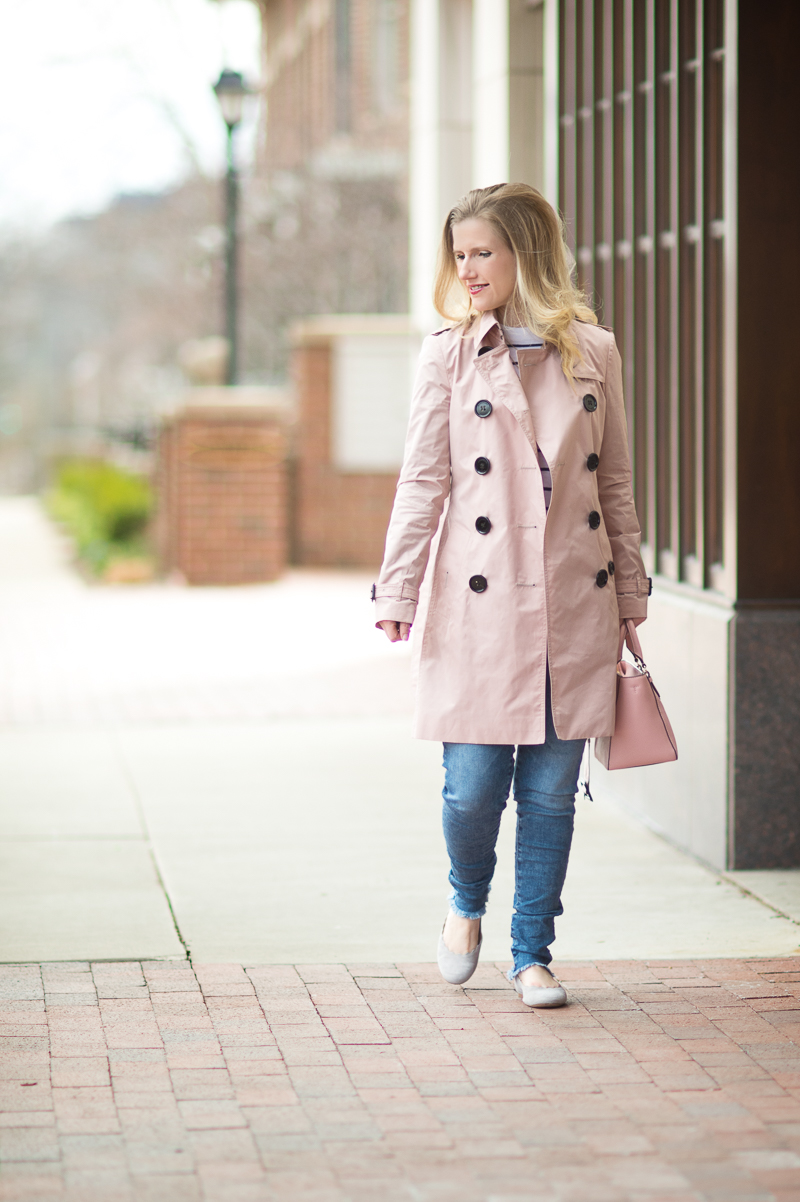 Petite Fashion and Style Blog | Burberry Sandringham Trench Coat | Club Monaco Mackenzie Striped Sweater | AG The Legging Ankle Jeans | Chloe Lauren Flats | Click to Read More...