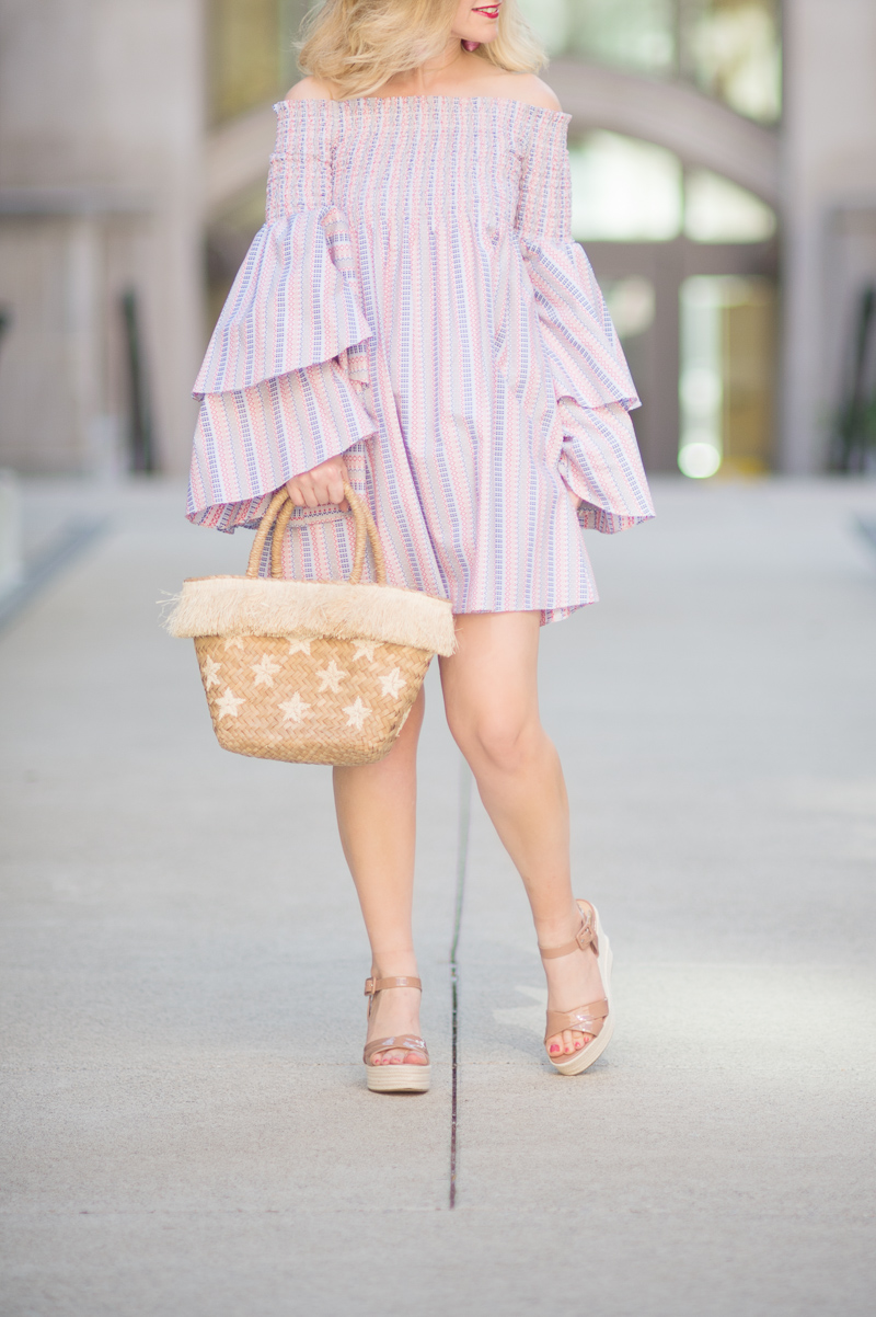 Petite Fashion and Style Blog | Caroline Constas-Appolonia Off-the-Shoulder Mini Dress | Kayu Stellar Tote | Sergio Rossi Maui Platform Wedge Sandals | Click to Read More... 