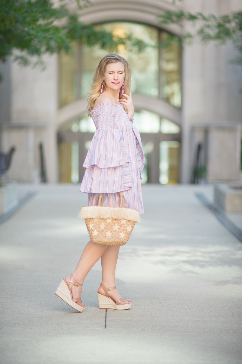 Petite Fashion and Style Blog | Caroline Constas-Appolonia Off-the-Shoulder Mini Dress | Kayu Stellar Tote | Sergio Rossi Maui Platform Wedge Sandals | Click to Read More... 