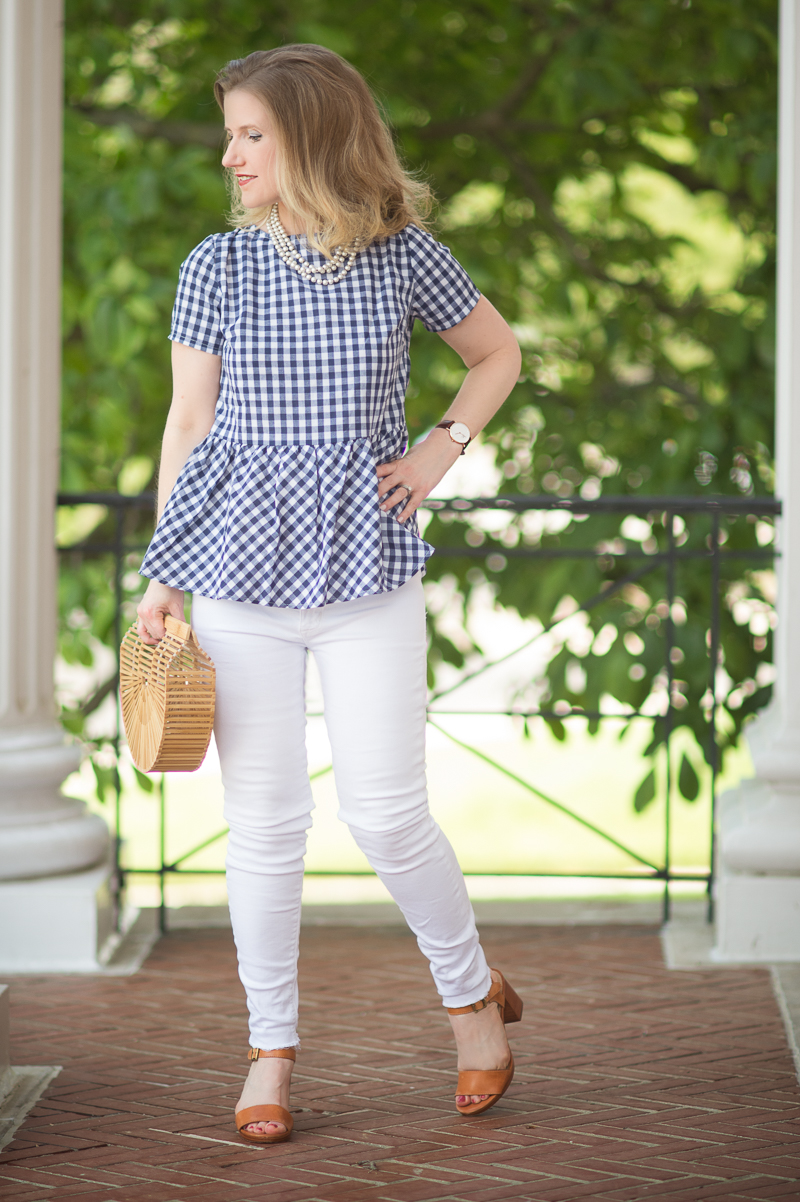 Petite Fashion and Style Blog | Shein Gingham Bow Tie Split Back Peplum Top | Hudson Mid Rise Ankle Skinny Jeans | Cult Gaia Gaia's Ark | Click to Read More...