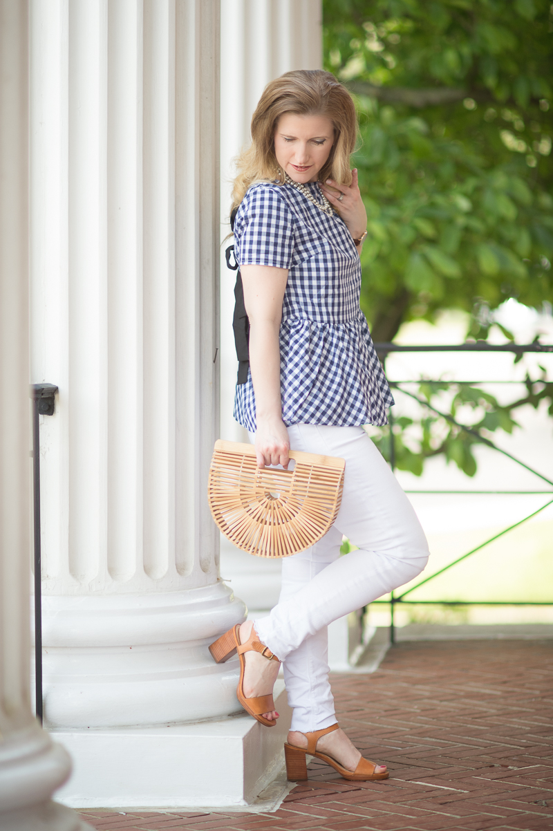 Petite Fashion and Style Blog | Shein Gingham Bow Tie Split Back Peplum Top | Hudson Mid Rise Ankle Skinny Jeans | Cult Gaia Gaia's Ark | Click to Read More...