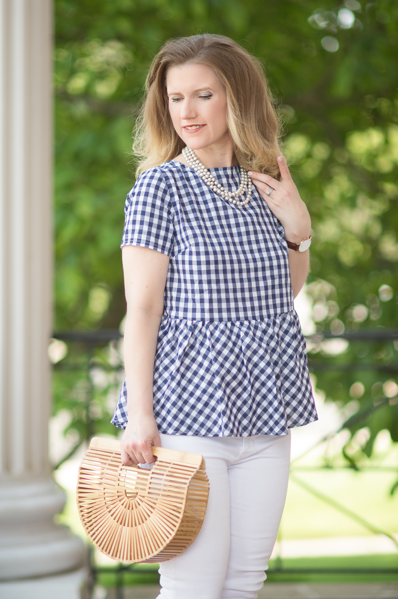 Petite Fashion and Style Blog | Shein Gingham Bow Tie Split Back Peplum Top | Hudson Mid Rise Ankle Skinny Jeans | Cult Gaia Gaia's Ark | Click to Read More...