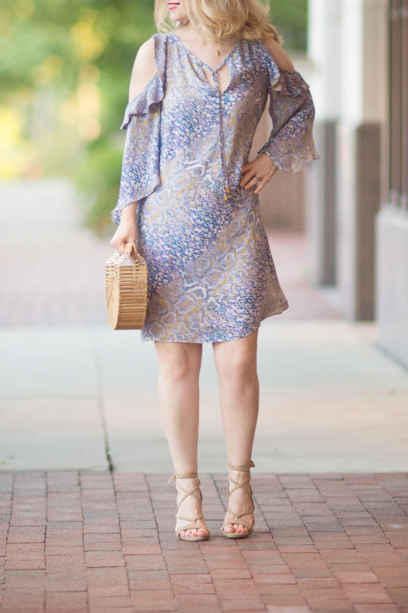 Petite Fashion and Style Blog | Alice and Trixie Rafaella Cold Shoulder Dress | Cult Gaia Gaia's Ark Bag | Raye Lulu Heel in Tan| Click to Read More...