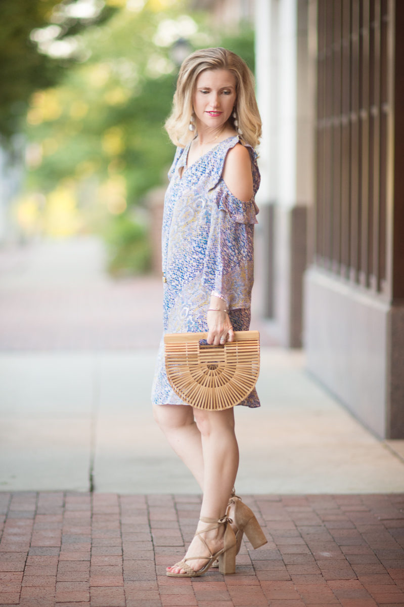 Petite Fashion and Style Blog | Alice and Trixie Rafaella Cold Shoulder Dress | Cult Gaia Gaia's Ark Bag | Raye Lulu Heel in Tan| Click to Read More...