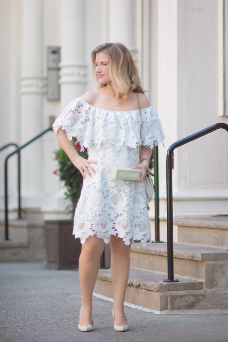 Petite Fashion and Style Blog | Chicwish Glorious Blossom Crochet Off-shoulder Dress | Lauder Macarons | Click to Read More....