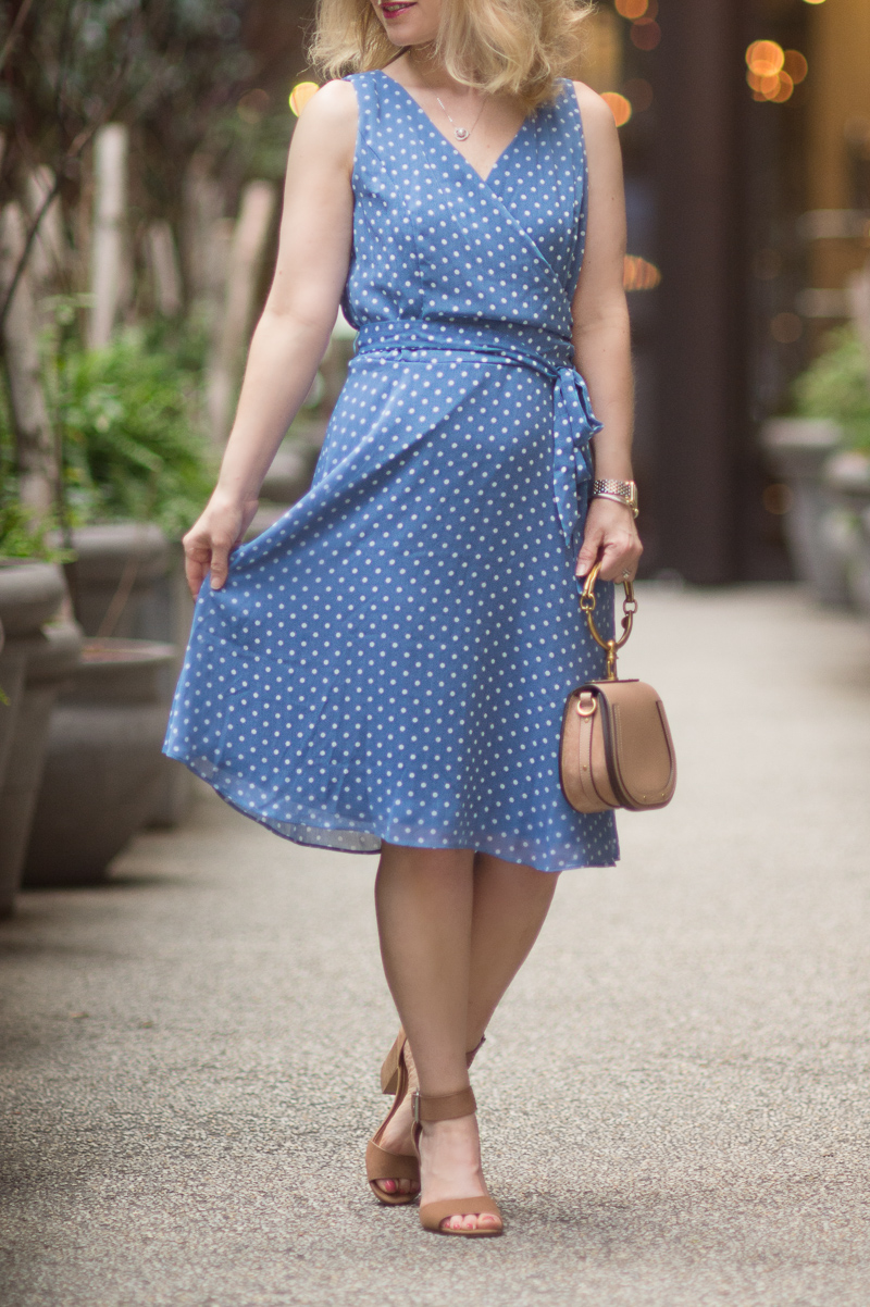 Petite Fashion and Style Blog, Modcloth Camera Flash Finesse Wrap Dress in  Blue Dots, Chloe Nile Bag
