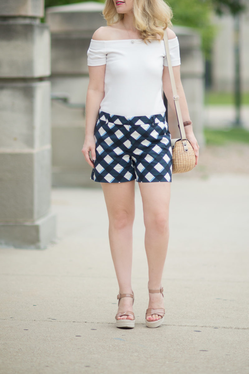 Petite Fashion and Style Blog | Ann Taylor Gingham City Shorts | Ann Taylor Off the Shoulder Top | Sea and Grass Straw Crossbody Purse | Sergio Rossi Platform Sandals