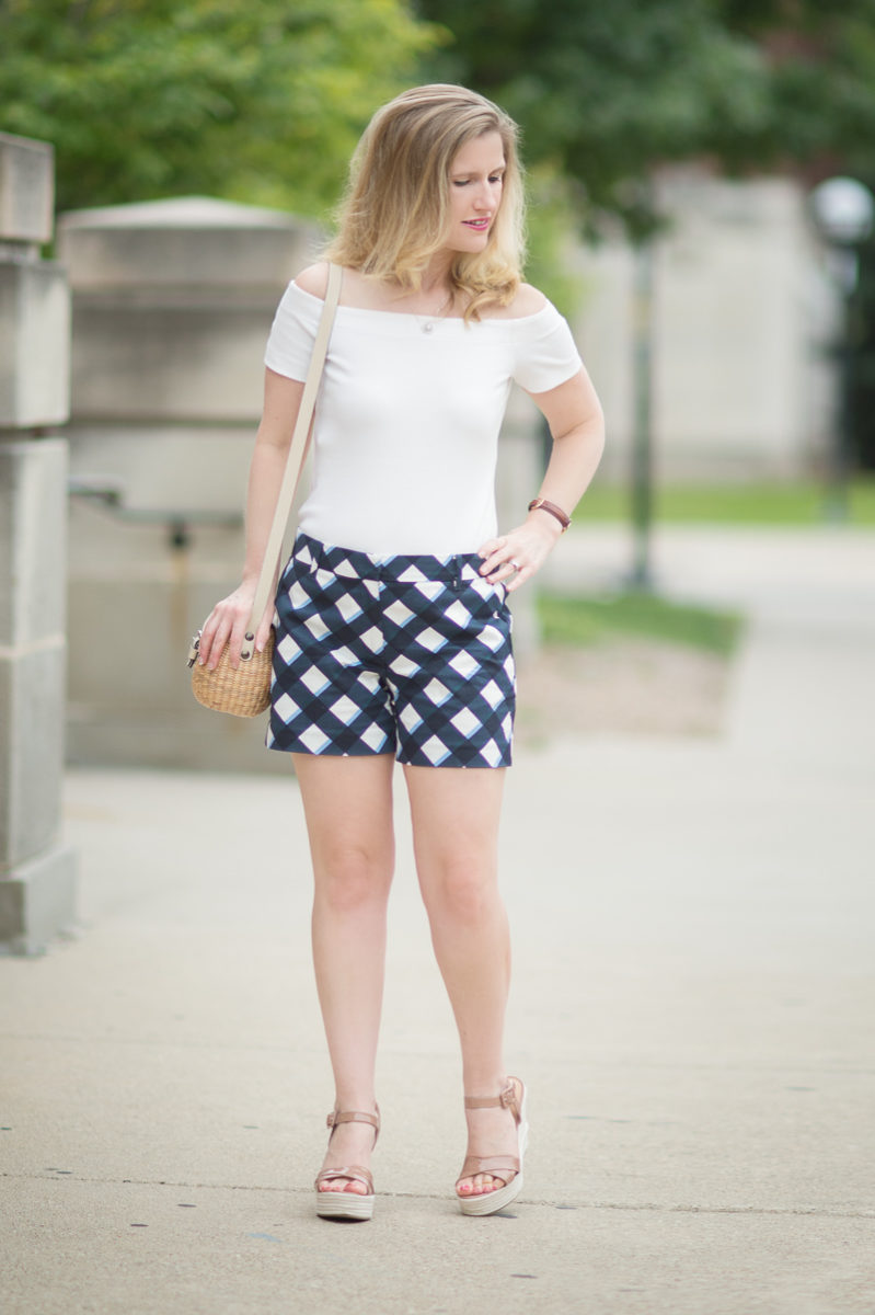 Petite Fashion and Style Blog | Ann Taylor Gingham City Shorts | Ann Taylor Off the Shoulder Top | Sea and Grass Straw Crossbody Purse | Sergio Rossi Platform Sandals