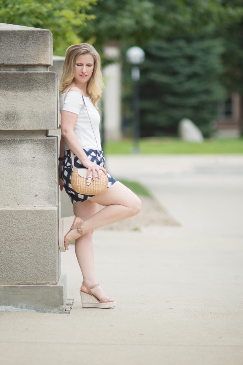 Petite Fashion and Style Blog | Ann Taylor Gingham City Shorts | Ann Taylor Off the Shoulder Top | Sea and Grass Straw Crossbody Purse | Sergio Rossi Platform Sandals