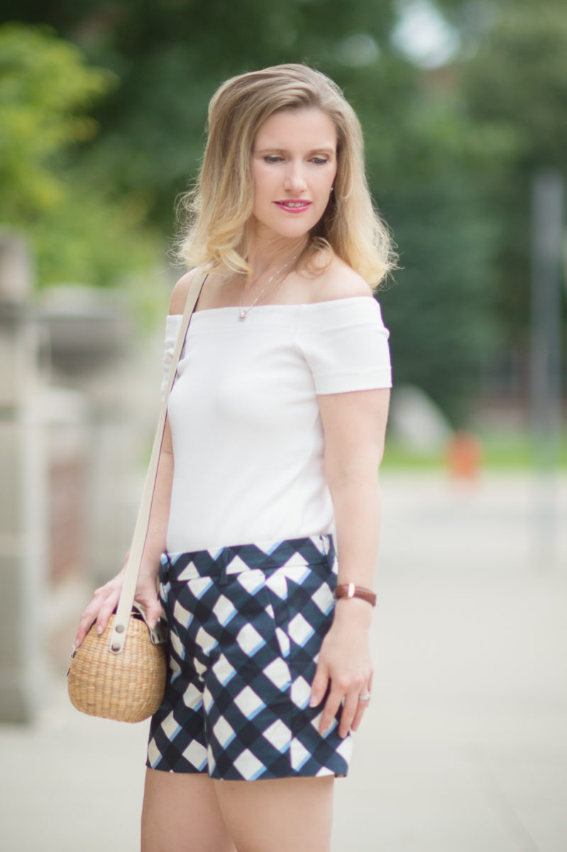 Petite Fashion and Style Blog | Ann Taylor Gingham City Shorts | Ann Taylor Off the Shoulder Top | Sea and Grass Straw Crossbody Purse | Sergio Rossi Platform Sandals
