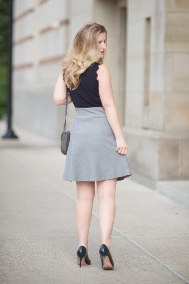 Petite Fashion and Style Blog | Ann Taylor Scallop Trim Sweater Shell | Cole Haan Navy Pumps | Celine Small Trotteur Bag | Click to Read More...