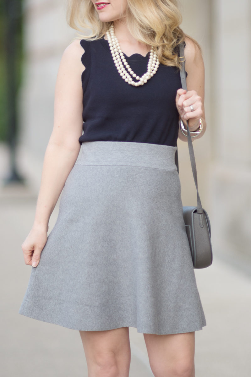 Petite Fashion and Style Blog | Ann Taylor Scallop Trim Sweater Shell | Cole Haan Navy Pumps | Celine Small Trotteur Bag | Click to Read More...