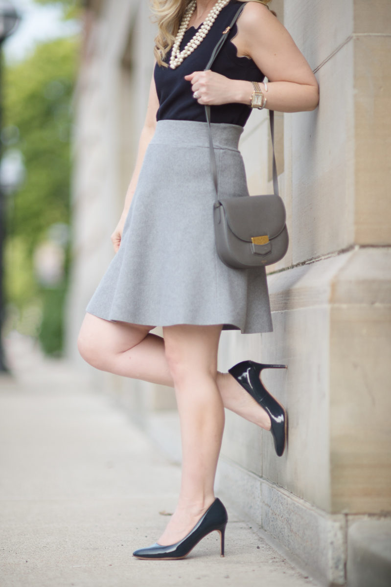 Petite Fashion and Style Blog | Ann Taylor Scallop Trim Sweater Shell | Cole Haan Navy Pumps | Celine Small Trotteur Bag | Click to Read More...