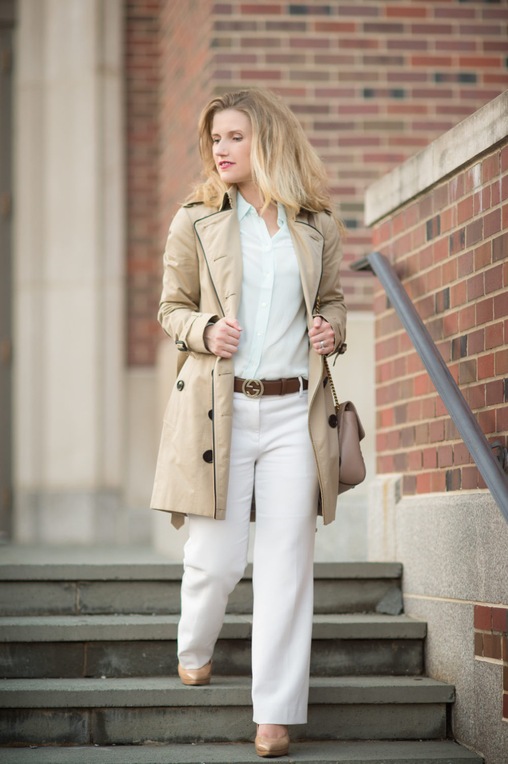 Petite Fashion and Style Blog | Everlane Relaxed Silk Shirt | Ann Taylor Kick Crop Flare Pants | Gucci Marmont Shoulder Bag | Burberry Trench | Click to Read More... - Everlane Relaxed Mint Green Silk Shirt  by Michigan popular petite fashion blogger The Blue Hydrangeas